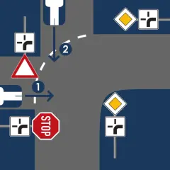 Kreuzung mit Verkehrszeichen: Vorfahrt achten Schild, Stoppschild und Richtungspfeile. Ein Auto fährt geradeaus, ein anderes biegt ab.