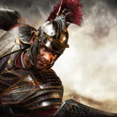 Rzymski legionista z zakrwawionym mieczem, gotowy do walki. Flaga Polski sugeruje polskie spolszczenie gry Ryse: Son of Rome.