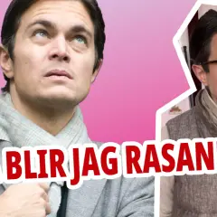 Nina Prage, med blicken mot skyn, verkar fundera. I en annan ruta intervjuas han med solglasögon.