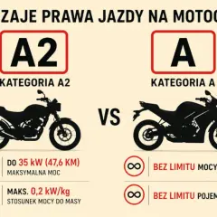 Porównanie kategorii A2 i A prawa jazdy na motor. A2 to motocykle do 35 kW, A to bez limitu mocy i pojemności.