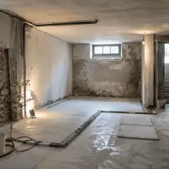 Cantina interrata in fase di isolamento. Muri in pietra grezza, cemento grezzo, finestre piccole, scale e attrezzature per lavori.