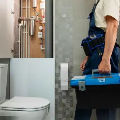Instalator z narzędziami przy toalecie i instalacji wodnej. Dowiedz się, ile kosztuje zabudowa geberitu płytą GK.