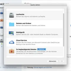 Backup-Optionen: Laufwerke, Dateien, Mobilgeräte, Cloud Service und zu beglaubigende Dateien mit Blockchain-Sicherheit. Eine .tib Datei sichern.