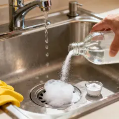 Main tenant, une main verse du vinaigre dans l'évier pour déboucher le robinet. Des gants jaunes sont posés à côté.