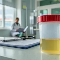 Urinprobe im Becher, bereit zur Analyse. Der Arzt im Hintergrund studiert Akten, während der unangenehme Geruch von Urin stinkt.