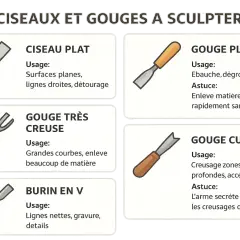 Illustration de différents types de gouge à bois : plate, très creuse, cuillère et burin en V, pour la sculpture.