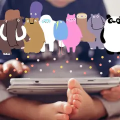 Un bambino gioca con app giochi per bambini 5 anni gratis su un tablet, circondato da simpatici animali disegnati.
