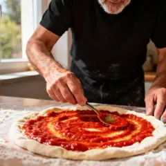 Un homme prépare une pizza, étalant un coulis de tomates sur la pâte avec une cuillère. La farine est saupoudrée sur la table.