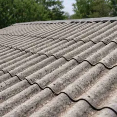 Szary eternit na dachu, pokryty mchem i porostami, świadczy o jego długim stażu.
