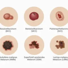 Sechs Hautveränderungen: Basalzellkarzinom, Merkelzellkarzinom, Plattenepithelkarzinom, noduläres malignes Melanom, superfiziell spreitendes Melanom und Lentigo-maligna-Melanom. So können Sie ein Merkelzellkarzinom erkennen.