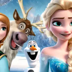 Anna und Elsa 3: Anna, Elsa, Olaf und Sven im Schnee.