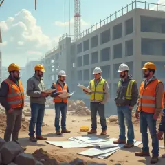 Budowlańcy omawiają plany na placu budowy. Czas oczekiwania na warunki zabudowy może być różny, ale tu praca wre.