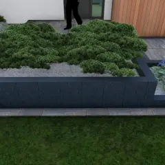 Nowoczesne donice z palisady przed domem, wypełnione zielenią i kamieniami, tworzą elegancką aranżację.