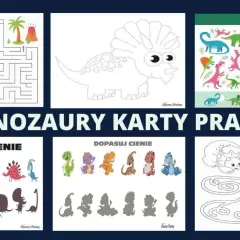 Zestaw kart pracy z dinozaurami: labirynty, dopasowywanie cieni, liczenie i rysowanie po kropkach.