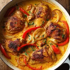 En gryta med gyllene kycklinglårfilé, paprika och lök i en krämig sås. Ett härligt kycklinglårfile recept.