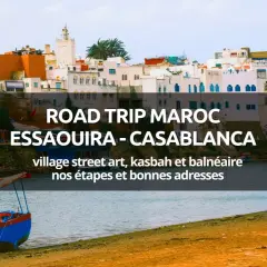 Bateau coloré sur la rive d'une ville côtière marocaine, avec des bâtiments blancs et bleus en arrière-plan.
