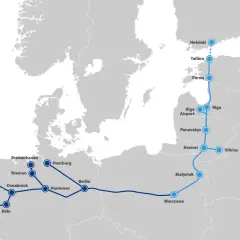 Karte zeigt Zugverbindungen von Westeuropa über Polen und Litauen nach Finnland.