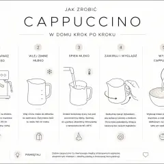 Instrukcja jak zrobić cappuccino: zmiel kawę, zaparz espresso, spień mleko, połącz składniki. Kluczowe są cappuccino proporcje i aksamitna pianka.
