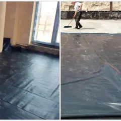 Prace przy izolacji przeciwwilgociowej. Czarna folia zabezpiecza podłogę w piwnicy przed wilgocią.