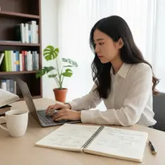 Studentka pracuje nad konspektem pracy licencjackiej, otoczona książkami i notatkami.