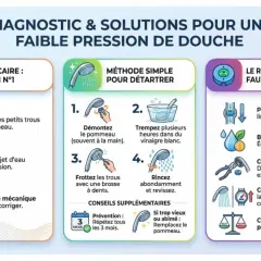 Le calcaire bouche le pommeau de douche, réduisant la pression. Une méthode simple pour détartrer et retrouver un jet puissant.