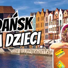 Gdańsk dla dzieci: radosna dziewczynka z walizką pełną wspomnień na tle malowniczych kamieniczek i Żurawia.