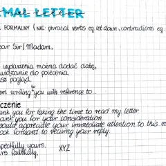 Zapiski o języku formalnym i strukturze listu: nagłówek "FORMAL LETTER", zwroty grzecznościowe, wstęp, zakończenie. Trzecia forma write jest kluczowa.