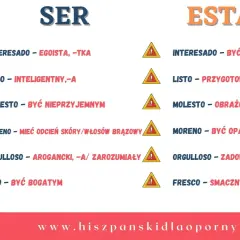 Tabela porównująca znaczenia słów z czasownikami "ser" i "estar" w języku hiszpańskim.