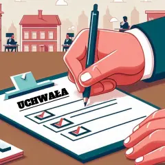 Ręka pisze uchwałę na tablicy. W tle budynki, sugerujące dużą wspólnotę mieszkaniową i przepisy.