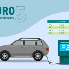 Tabela norm emisji spalin Euro 5 dla samochodów. Pokazuje limity CO, HC, NOx i PM dla benzyny i diesla.