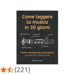 Copertina di libro "Come leggere la musica in 30 giorni" con pentagramma, chiave di violino e altri simboli musicali.