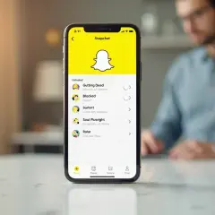 Ekran telefonu z listą zablokowanych użytkowników na Snapchacie. Widzisz opcję "Unblocked" i przyciski, jak odblokować kogoś na Snapie.