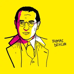 Porträt von Thomas Dehler im Comic-Stil auf gelbem Hintergrund. Der Name "Thomas Dehler" ist rechts daneben geschrieben.