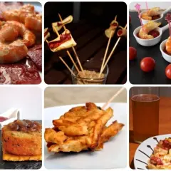 Variedad de pinchos y tapas originales: gambas, patatas fritas, montaditos y más. ¡Perfecto para compartir!