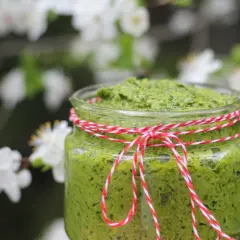 Słoik domowego pesto z czosnku niedźwiedziego, ozdobiony sznurkiem, na tle kwitnących drzew.