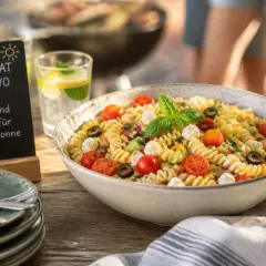 Leckerer Nudelsalat ohne Mayo mit Tomaten, Mozzarella und Oliven. Perfekt für Grill & Sonne!