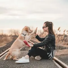 Joven da la mano a su perro en las vías del tren. Una escena que evoca la idea de cuidar mascotas a cambio de alojamiento, un viaje inesperado.