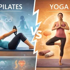 Comparación visual de la diferencia entre yoga y pilates: una mujer en equipo de pilates y otra en postura de árbol de yoga.