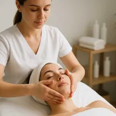 Relaksacyjny masaż twarzy, który może być częścią rytuału kobido. Terapeuta delikatnie masuje skórę, poprawiając jej wygląd i samopoczucie.