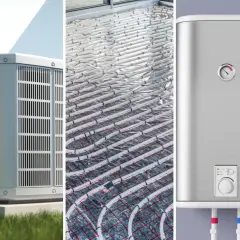 Trzy metody ogrzewania elektrycznego domu: pompa ciepła, ogrzewanie podłogowe i bojler.