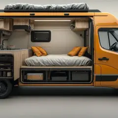 Aménagement intérieur d'un Renault Master L2H2 : lit confortable, cuisine fonctionnelle et rangements optimisés pour vos aventures.