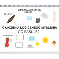 Karty pracy dla 2 latka: ćwiczenia logicznego myślenia. Obrazki piórka, słonia, termometru, słońca i innych do dopasowania.