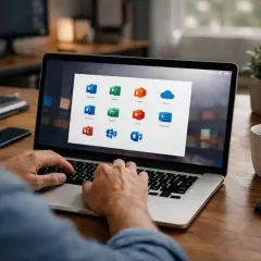 Un homme utilise un ordinateur portable affichant la grille d'applications Office 365, incluant Word, Excel et OneDrive.