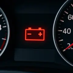 Cruscotto auto con spia batteria scarica accesa in rosso, accanto a indicatori di velocità e giri.