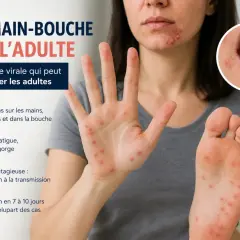 Adulte atteint du pied-main-bouche : éruptions sur mains, pieds et bouche, fièvre, fatigue. Maladie virale contagieuse.