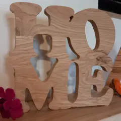 Grosse lettre en bois formant le mot "HOME", décorée de fleurs et d'une petite décoration orange.