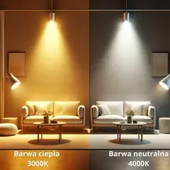 Dwa wnętrza salonu: po lewej ciepłe, żółte światło, po prawej zimne światło dnia.