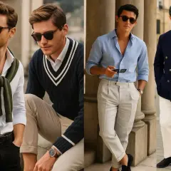 Cuatro hombres con estilo "old money": camisas, jerséis, trajes y pantalones de lino, gafas de sol y relojes.