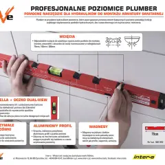 Profesjonalna poziomica Plumber dla hydraulików, z wcięciami do montażu armatury i precyzyjnymi libellami.