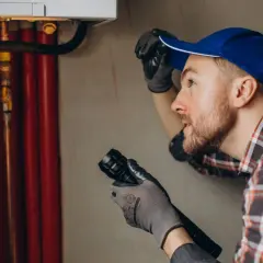 Instalator z latarką bada instalację, sprawdzając pion wodny i rury.